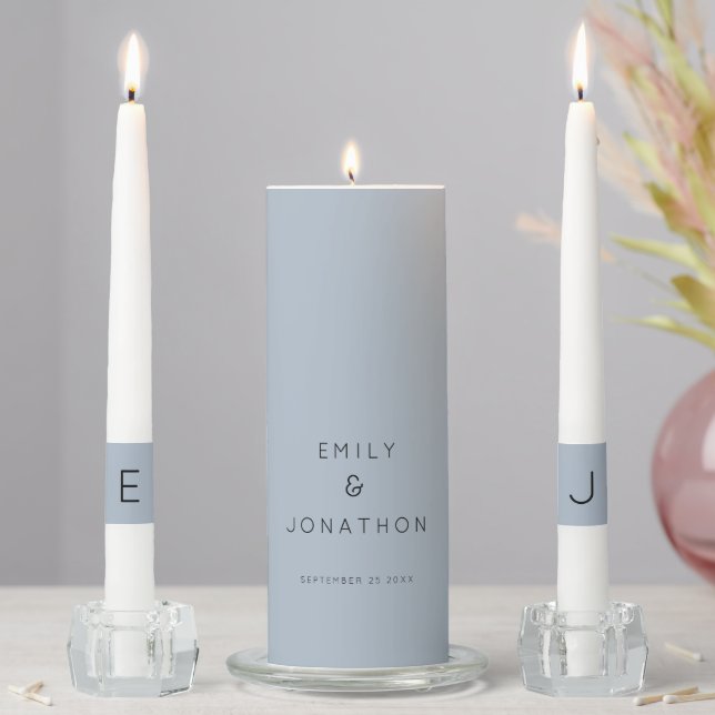 Simple Dusty Blue Names Date Initials Wedding Unity Candle Set (In Situ)