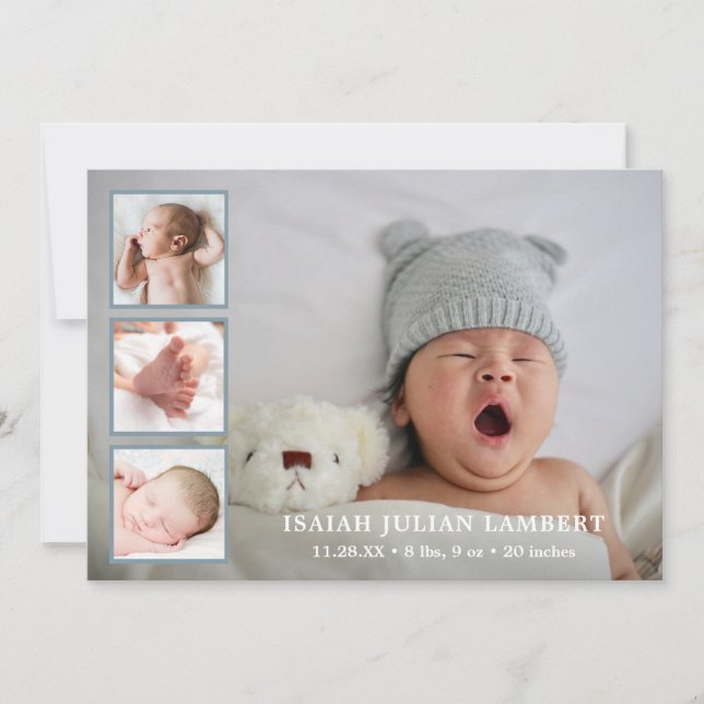Simple Dusty Blue Photo Collage Boy Birth Announcement (Front)