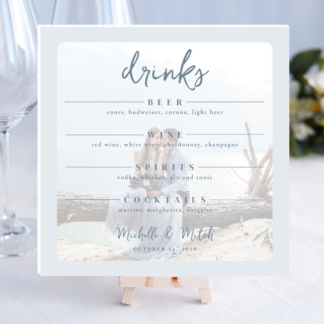 Simple Dusty Blue Photo Drinks Bar Minimalist  Foam Board (Wedding drinks menu table sign with a photo vellum overlay.)