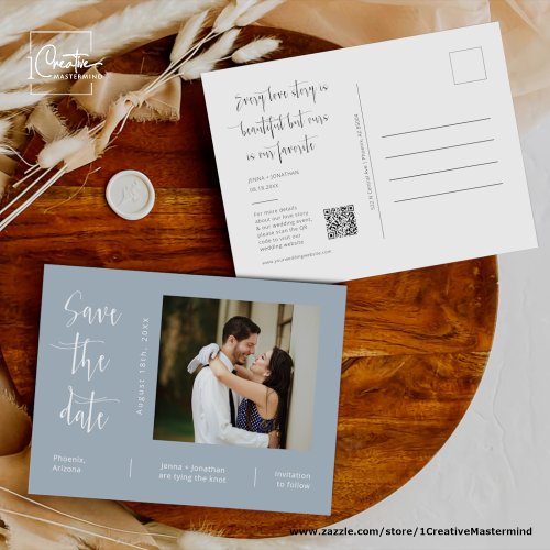 Simple Dusty Blue Photo QR Code Save The Date  Postcard