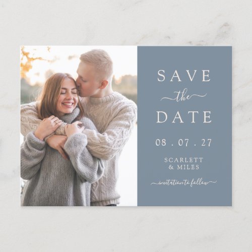 Simple Dusty Blue Photo Save The Date Wedding Announcement Postcard