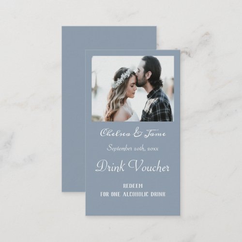 Simple Dusty Blue Photo Wedding Drink Ticket Cards