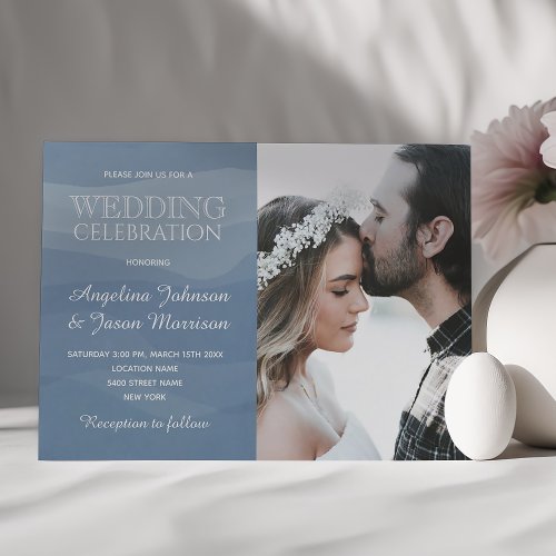 Simple Dusty Blue Photo Wedding Invitation