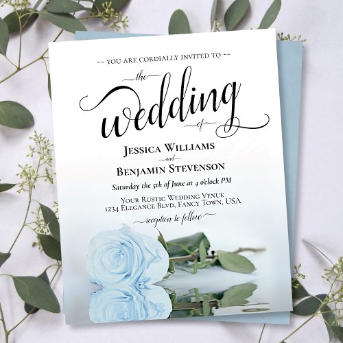 Simple Dusty Blue Rose BUDGET Wedding Invitation