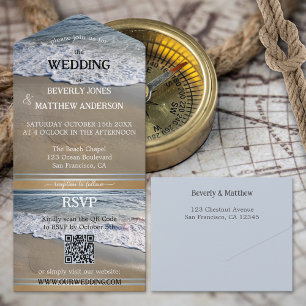 Simple Dusty Blue Sandy Beach Wedding All In One Invitation