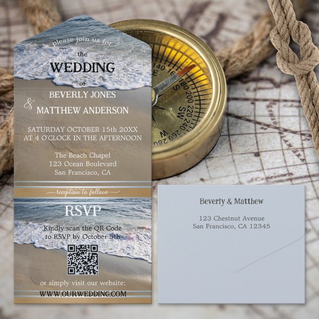 Simple Dusty Blue Sandy Beach Wedding All In One Invitation (Creator Uploaded)