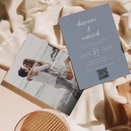Simple Dusty Blue Script Photo QR Code Wedding Invitation