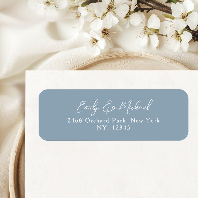 Simple Dusty Blue Script Wedding Return Address Label (Elegant and minimal white  typography on dusty blue background - a timeless classic)