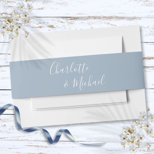 Simple Dusty Blue Signature Script Invitation Belly Band