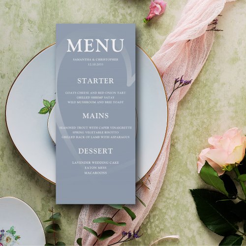 Simple Dusty Blue  Silver Heart Wedding Dinner Menu