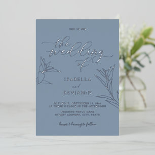 Simple Dusty Blue Silver Script Botanical Wedding Foil Invitation