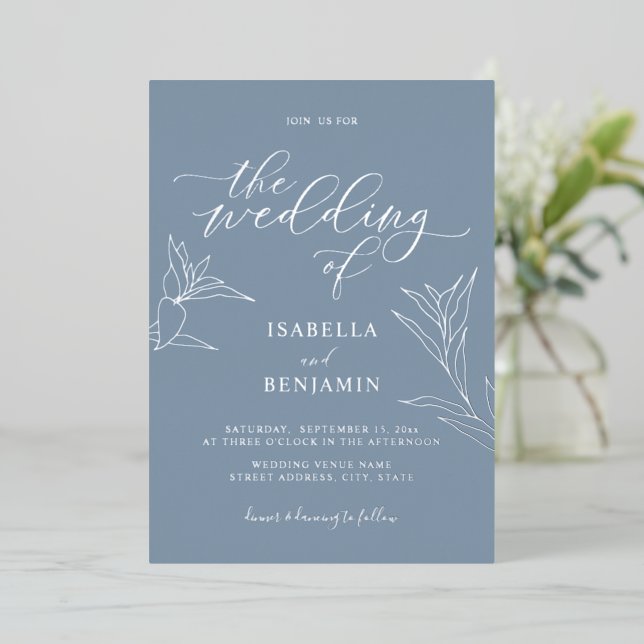 Simple Dusty Blue Silver Script Botanical Wedding Foil Invitation (Standing Front)
