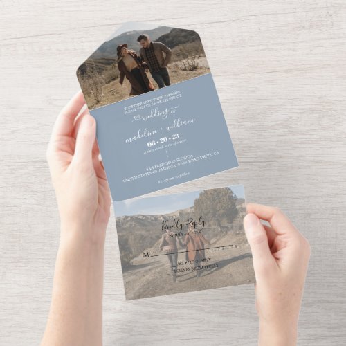 Simple Dusty Blue Trendy Photo Wedding All In One Invitation