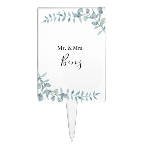 Simple Dusty Blue Watercolor Foliage Wedding Cake Topper