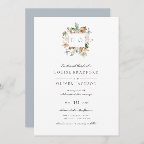 Simple Dusty Blue Watercolor Monogram Wedding Invitation