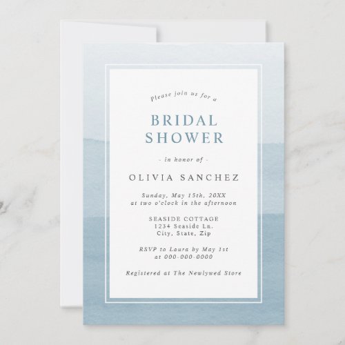 Simple Dusty Blue Watercolor Ombre Bridal Shower Invitation