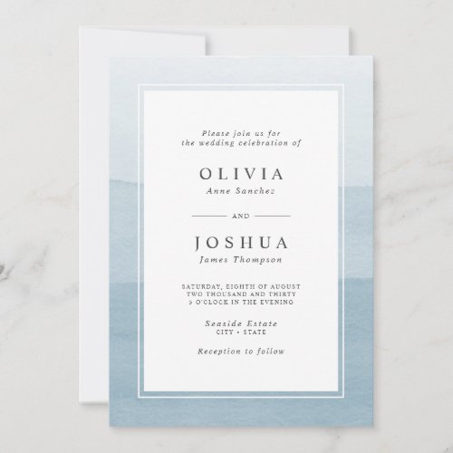 Simple Dusty Blue Watercolor Ombre Wedding Invitation