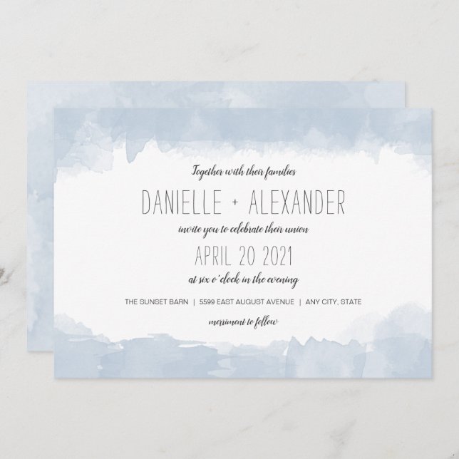 Simple Dusty Blue Watercolor wedding invite (Front/Back)