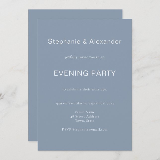 Simple Dusty Blue Wedding Evening Party Invite (Front/Back)