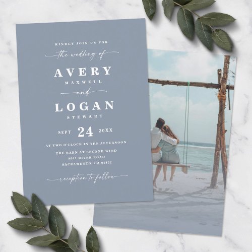 Simple Dusty Blue Wedding Invitation with Photo