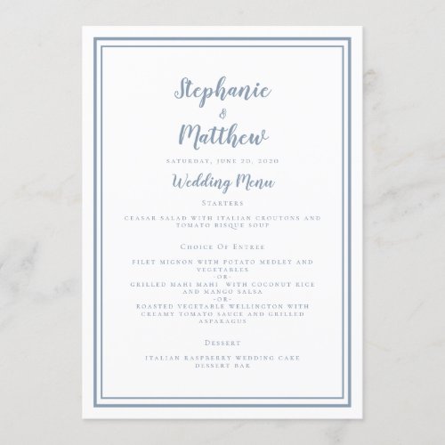 Simple Dusty Blue Wedding Menu Classic Framed