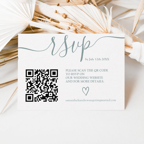 Simple dusty blue wedding rsvp Qr code photo Enclosure Card