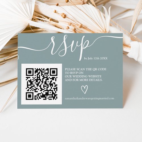 Simple dusty blue wedding rsvp Qr code photo Enclosure Card