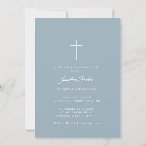 Simple Dusty Blue  white Cross Baptism Invitation