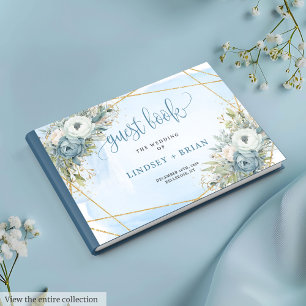 Simple Dusty Blue White Gold Flowers Guest Book