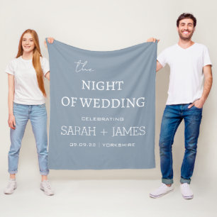 Simple Dusty Blue & White Name Date Wedding Fleece Blanket