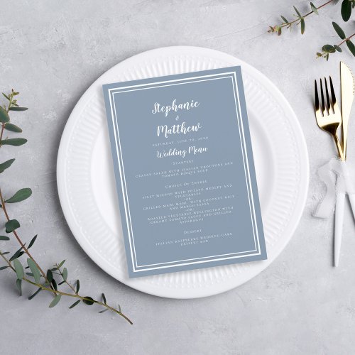 Simple Dusty Blue White Wedding Guest Meal Dinner Menu