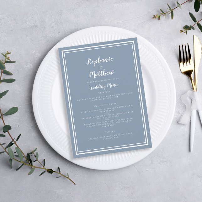 Simple Dusty Blue White Wedding Guest Meal Dinner Menu (Creator Uploaded)