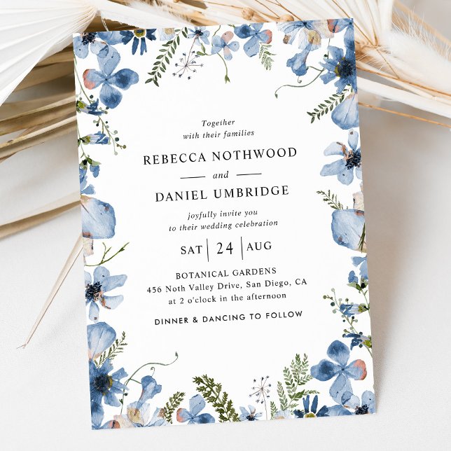 Simple Dusty Blue Wildflowers Wedding Invitation (Creator Uploaded)