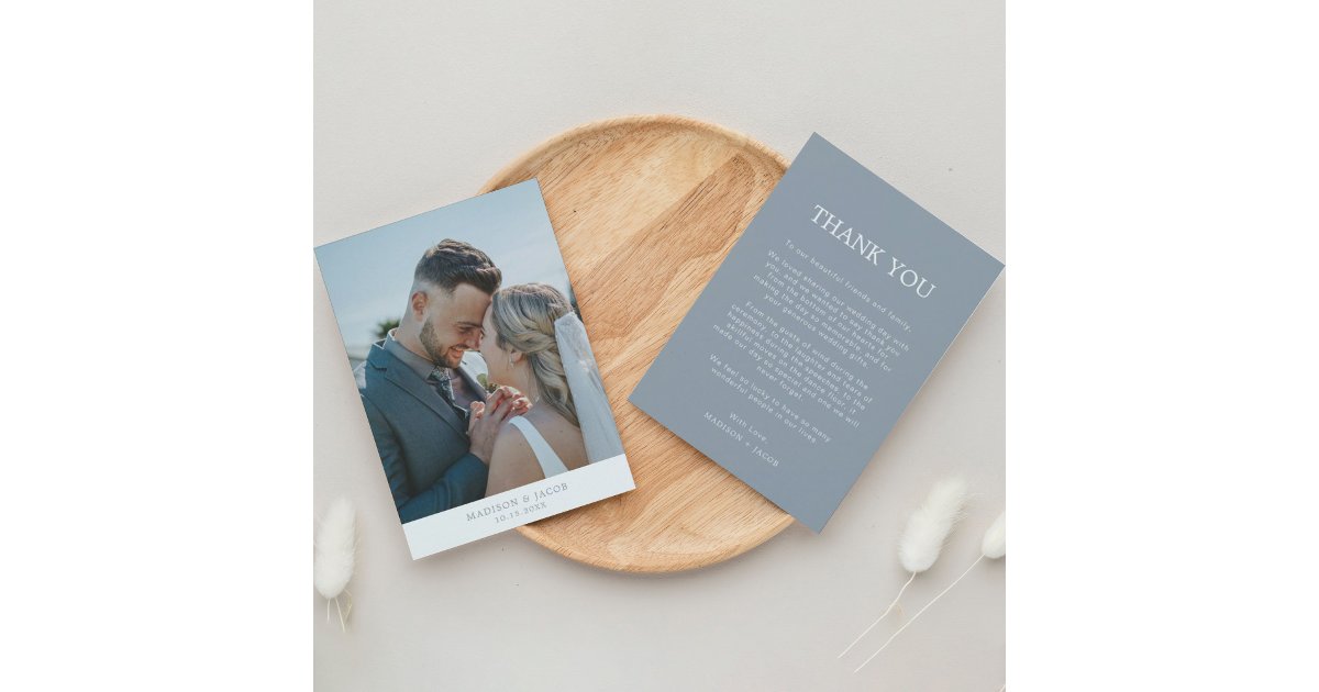Simple Dusty Blue With Photo Wedding Thank You Card | Zazzle