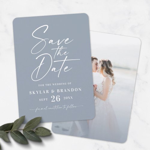 Simple Dusty Blue with Script and Photo Wedding Save The Date