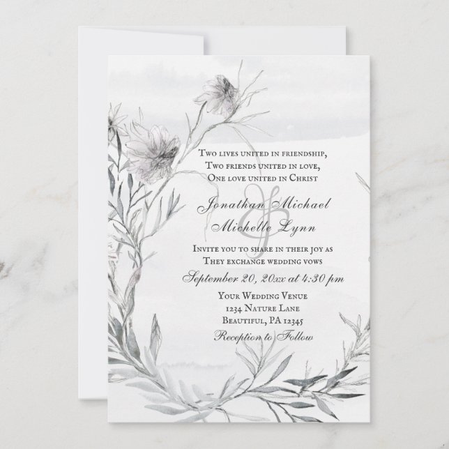 Simple Dusty Gray Pencil Flowers Christian Wedding Invitation (Front)