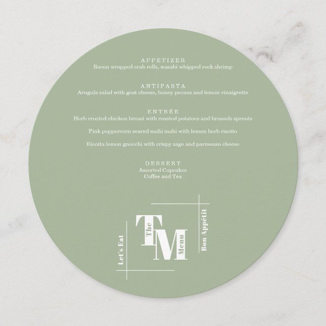 Simple Dusty Green Modern Chic Wedding Thank You Menu (Front)