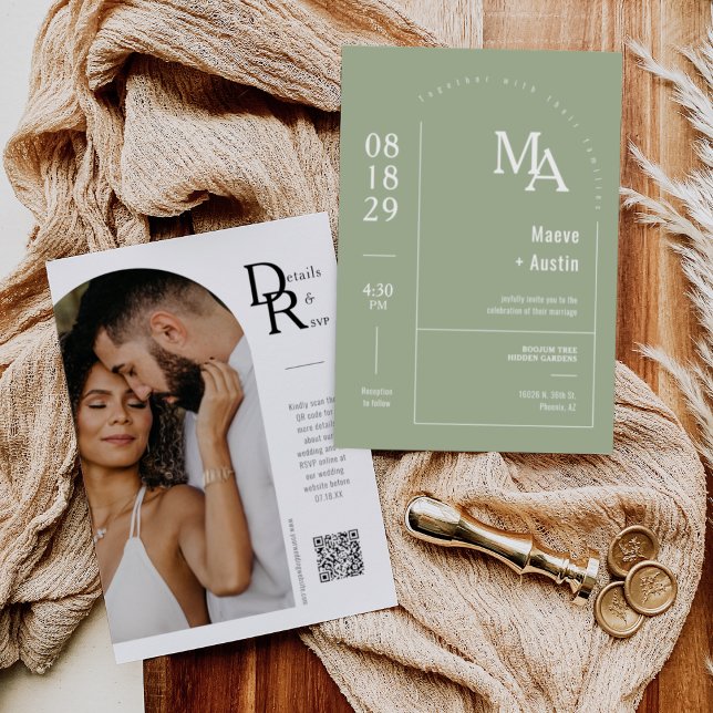 Simple Dusty Green Modern Minimal Arch QR Code Invitation (Creator Uploaded)