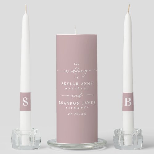 Simple Dusty Mauve Bride  Groom Monogram Wedding Unity Candle Set