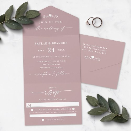 Simple Dusty Mauve Elegant Calligraphy Wedding All In One Invitation