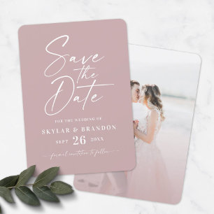 Simple Dusty Mauve Pink with Script Photo Wedding Save The Date