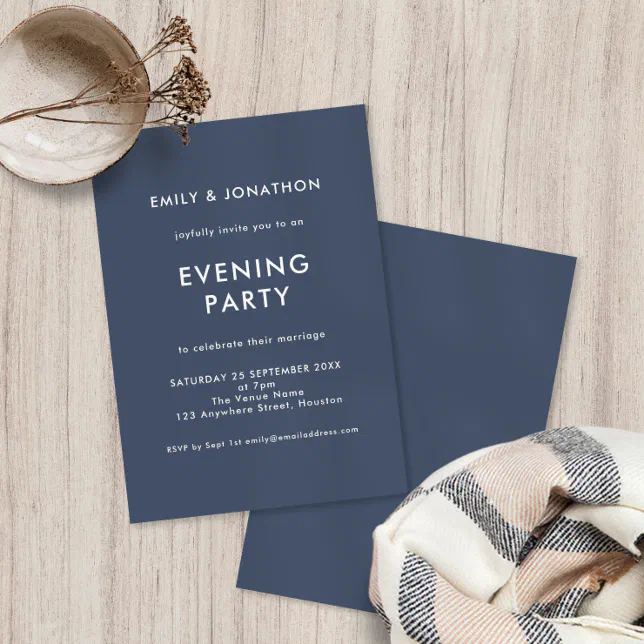 Simple Dusty Navy Blue Wedding Evening Party Invitation | Zazzle