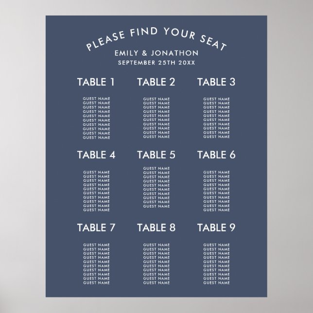 Simple Dusty Navy Blue Wedding Seating Chart (Front)
