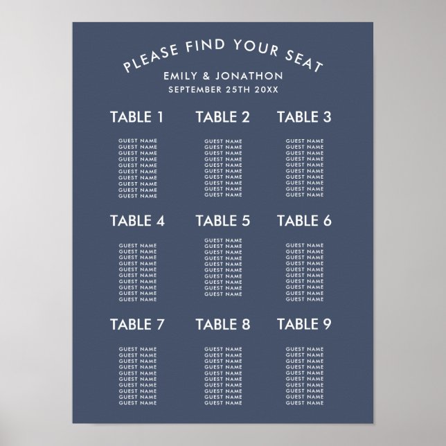 Simple Dusty Navy Blue Wedding Seating Chart (Front)