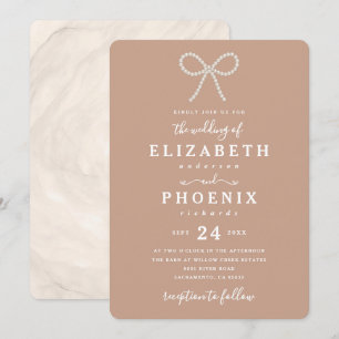 Simple Dusty Peach Pearl Bow Trendy Wedding Invitation