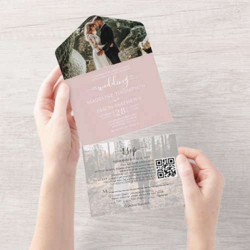 Simple Dusty Pink 2 Photo QR Code RSVP Wedding All In One Invitation