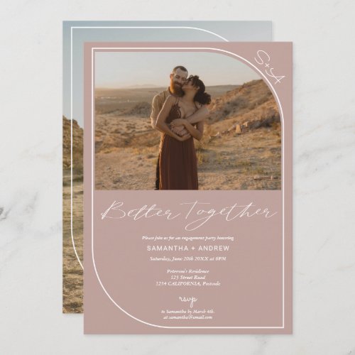 Simple dusty pink 2 photos engagement announcement - Better together, Simple dusty pink modern elegant engagement party 2 photos announcement with a rounded geometric frame. 