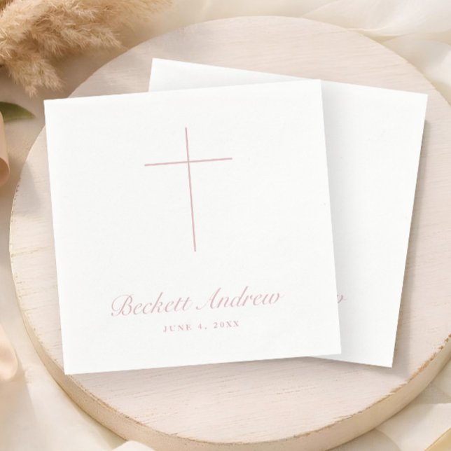 Simple Dusty Pink Cross Script Baptism Napkins (Simple Dusty Pink Cross Script Baptism, Christening or First Holy Communion Napkins.)