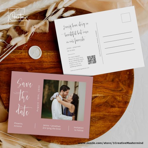 Simple Dusty Pink Photo QR Code Save The Date Postcard