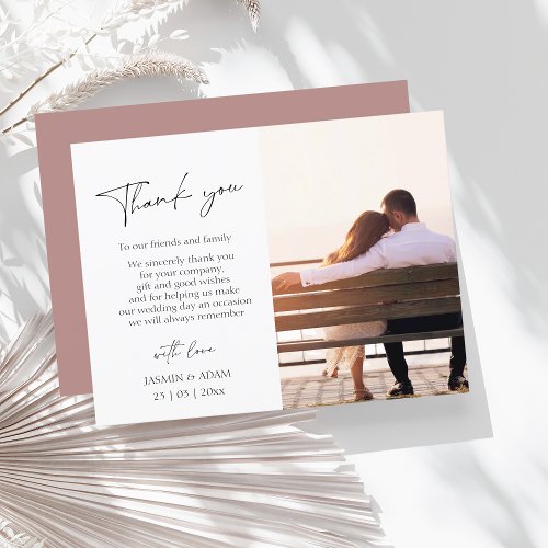 Simple Dusty Pink Script Photo Wedding Thank You Postcard